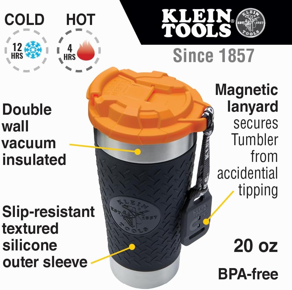 Klein Tools 55580 Stainless Steel Tumbler with Flip-Top Lid, Insulated 20 Oz. Tradesman's Double Wall Vacuum Mug, Slip-resistant Sleeve