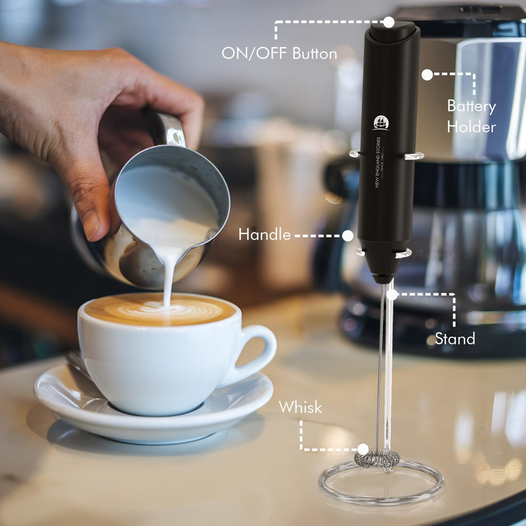 Powerful Milk Frother Wand - Mini Handheld Milk Frother with Stainless Steel Whisk - Battery-Powered Drink Mixer for Coffee, Lattes, Cappuccinos, Matcha - Coffee Enthusiasts Gift - Black
