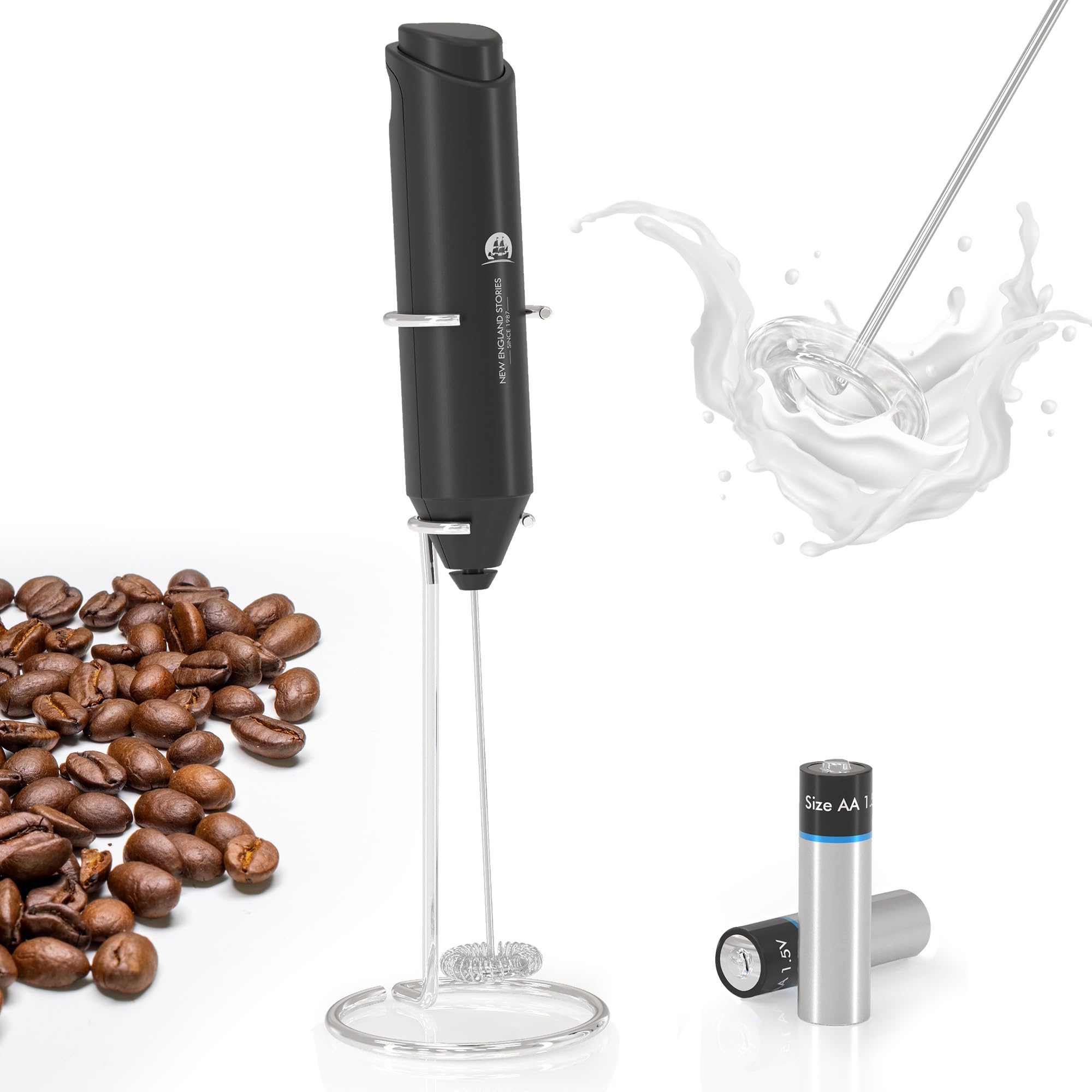 Powerful Milk Frother Wand - Mini Handheld Milk Frother with Stainless Steel Whisk - Battery-Powered Drink Mixer for Coffee, Lattes, Cappuccinos, Matcha - Coffee Enthusiasts Gift - Black