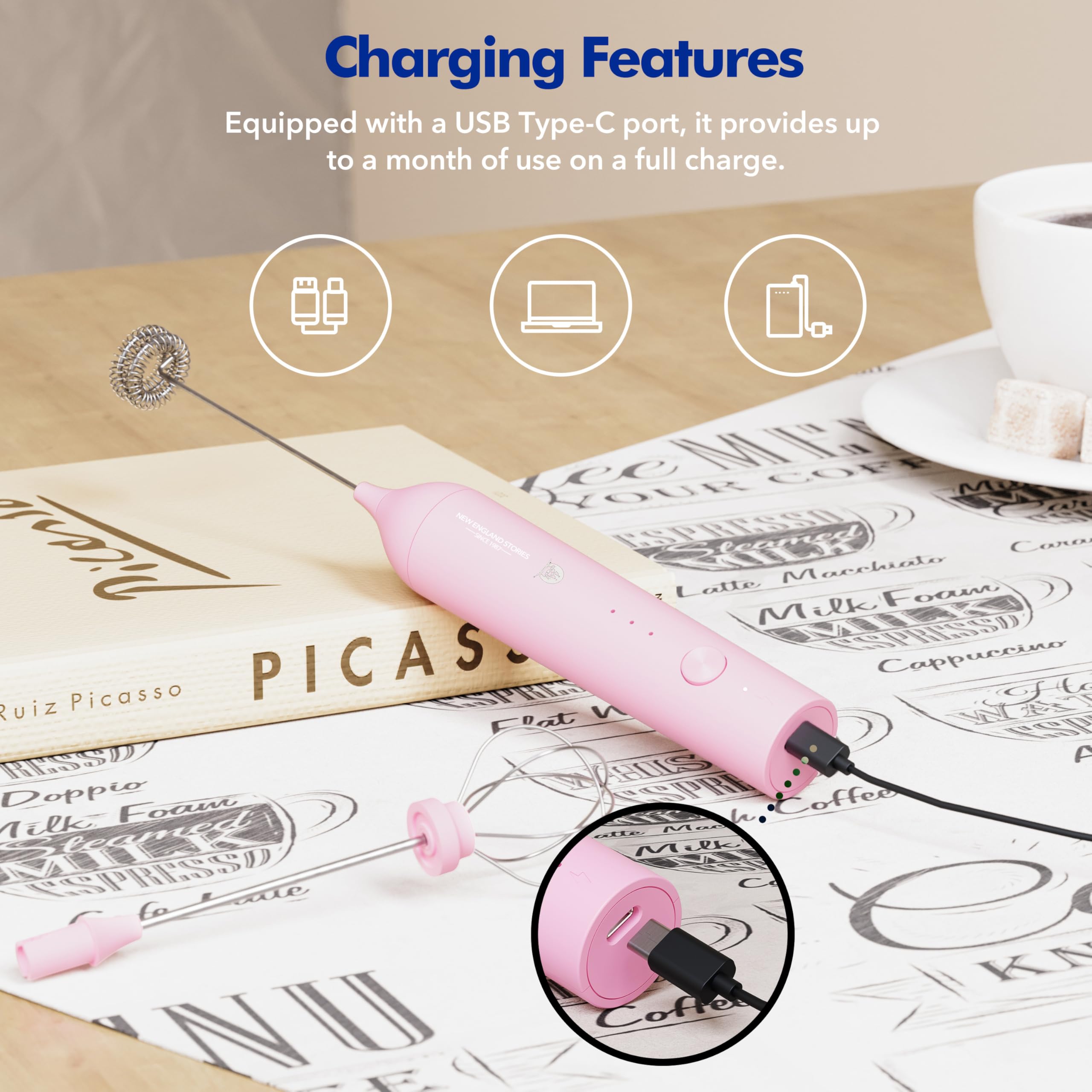 Powerful Milk Frother Wand - Mini Handheld Milk Frother with Stainless Steel Whisk - Battery-Powered Drink Mixer for Coffee, Lattes, Cappuccinos, Matcha - Coffee Enthusiasts Gift - Black